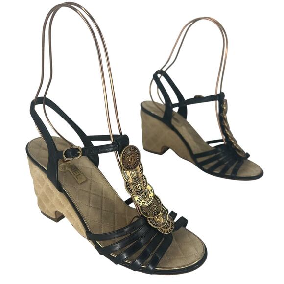 Chanel Coin Medallion Quilted Suede & Leather Heeled Wedge Sandals - Picture 2 of 16